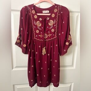Altar'd State Maroon Embroidered Mini Dress small
